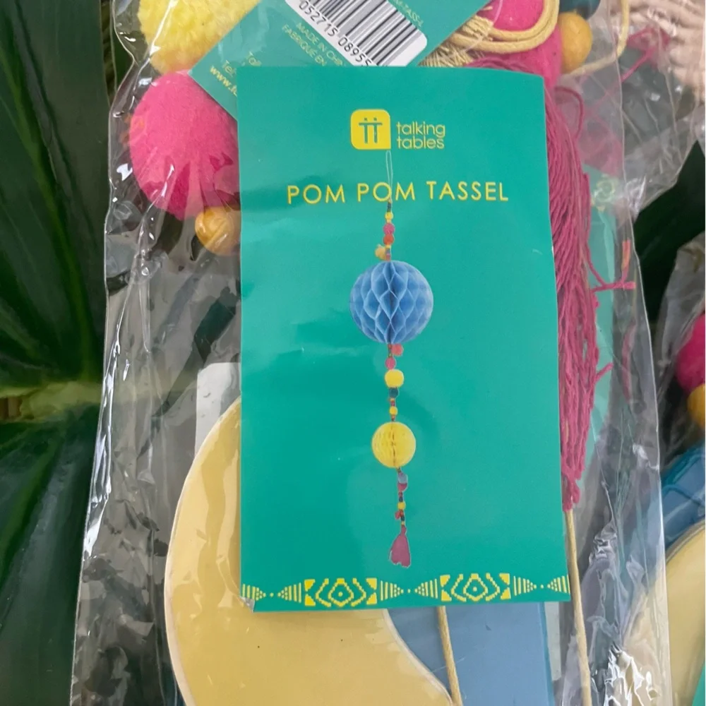 Talking Tables Pom Pom yarn Tassels beads decor set of 4 NWT for car, home, etc.